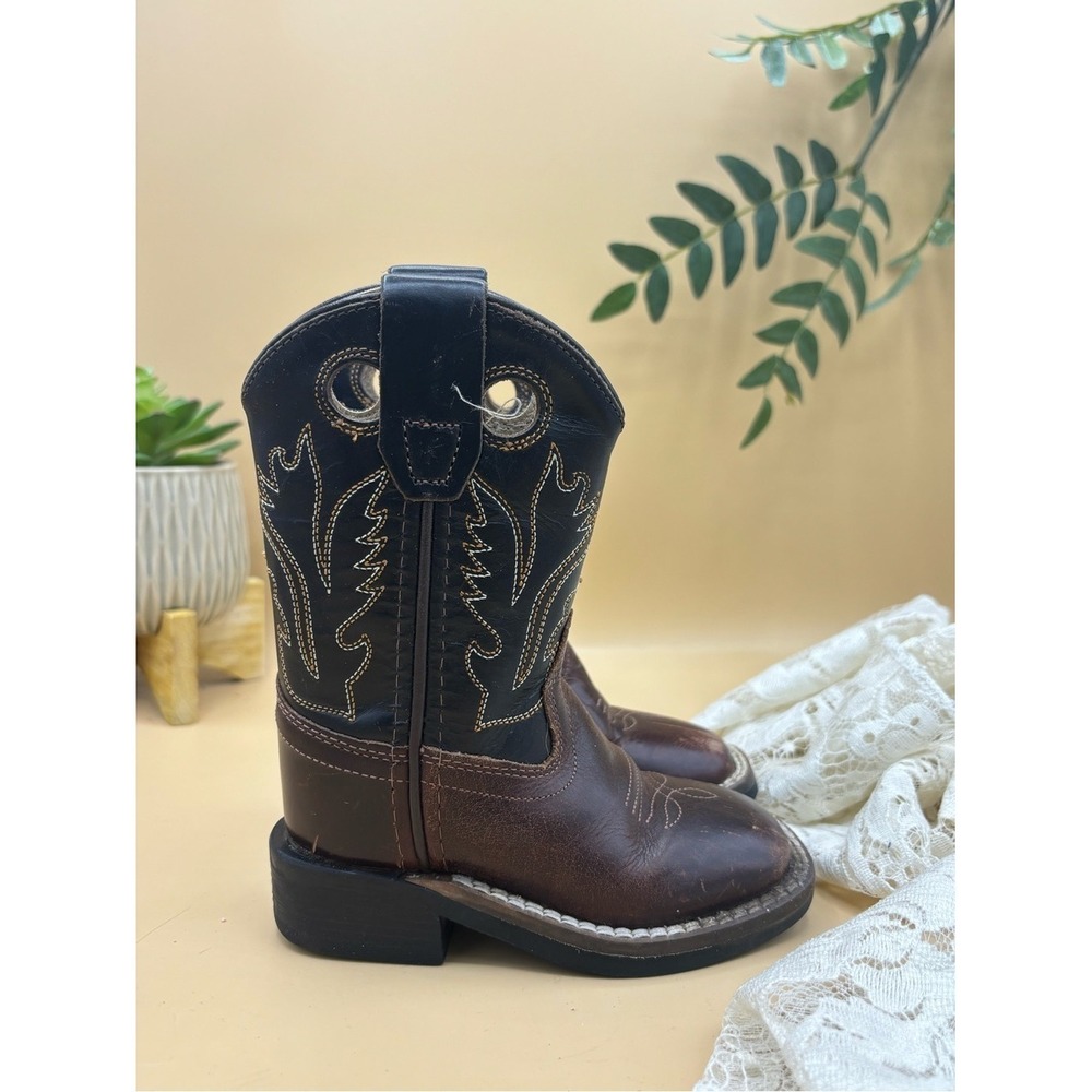 Old West Kids Cowboy Boots Size 4.5 Brown Black Leather Western Square Toe - Picture 4 of 7